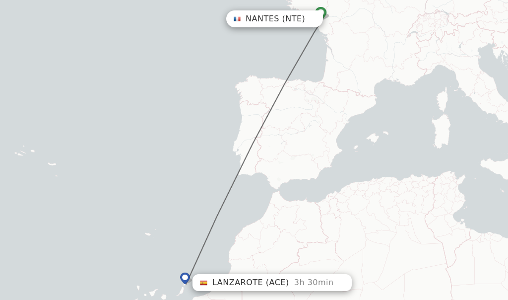 Flights from Nantes to Lanzarote route map