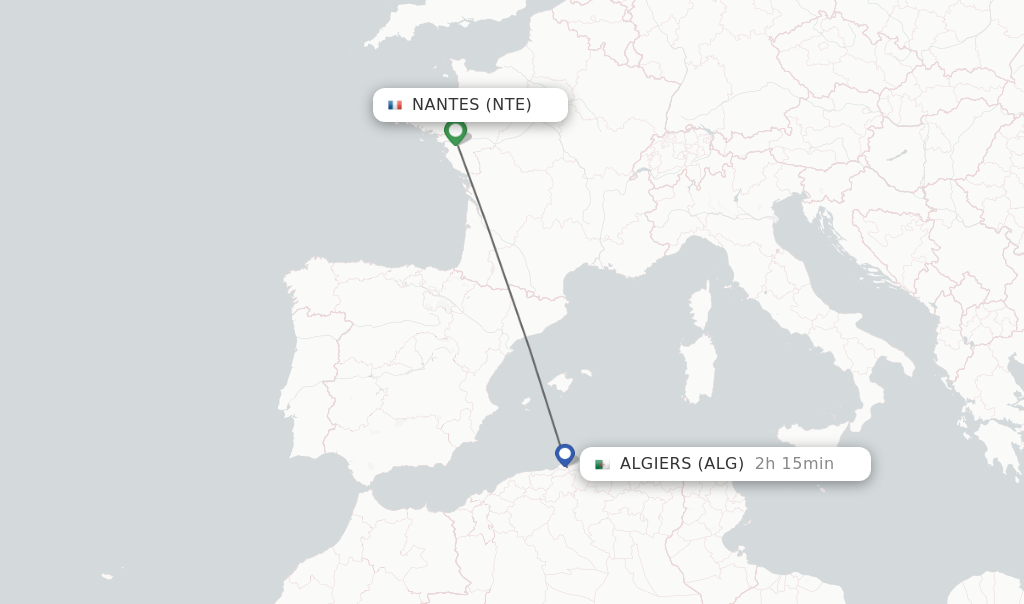 Flights from Nantes to Algiers route map