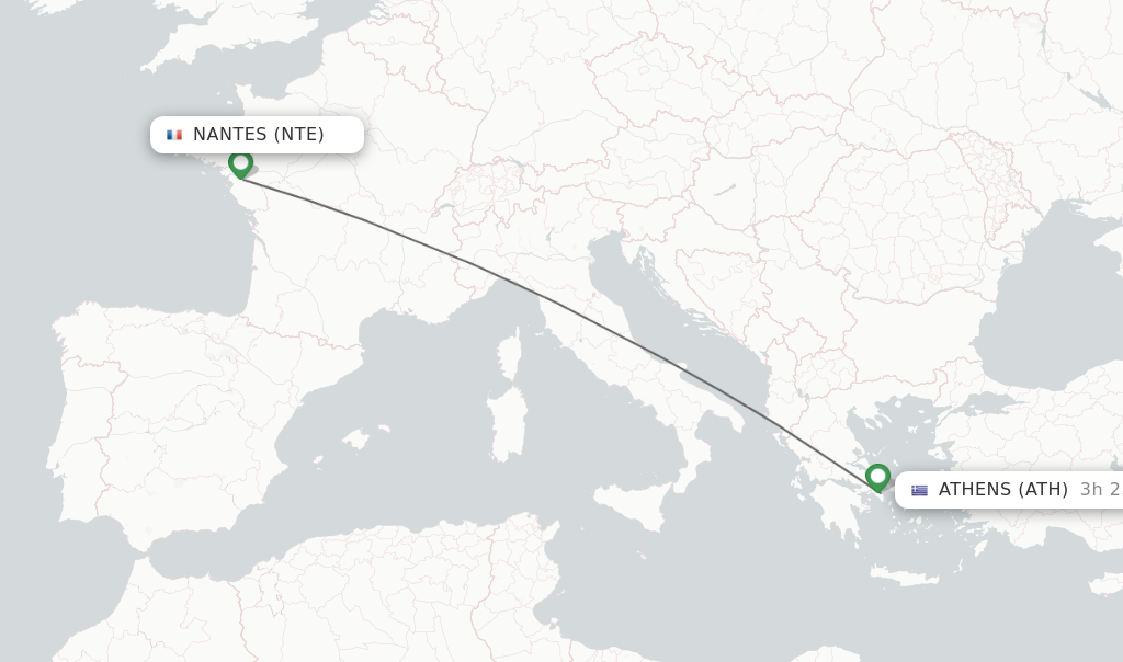 Flights from Nantes to Athens route map