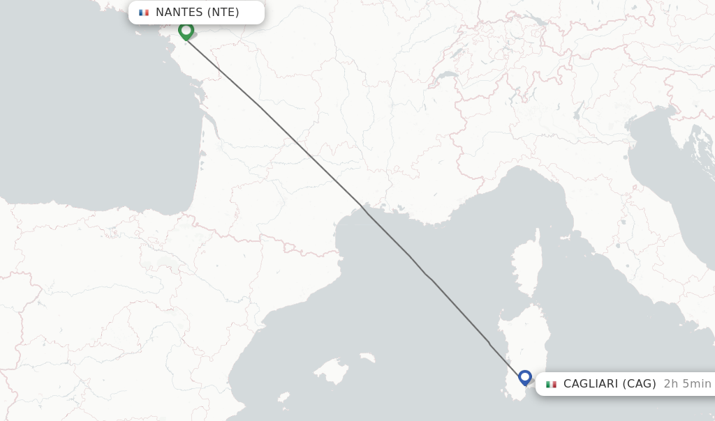 Flights from Nantes to Cagliari route map