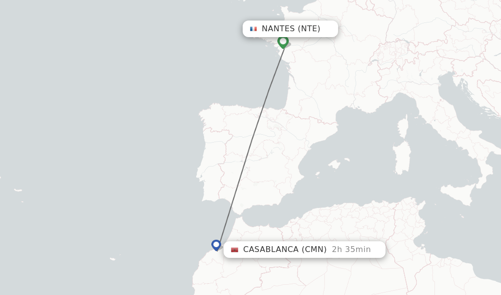 Flights from Nantes to Casablanca route map
