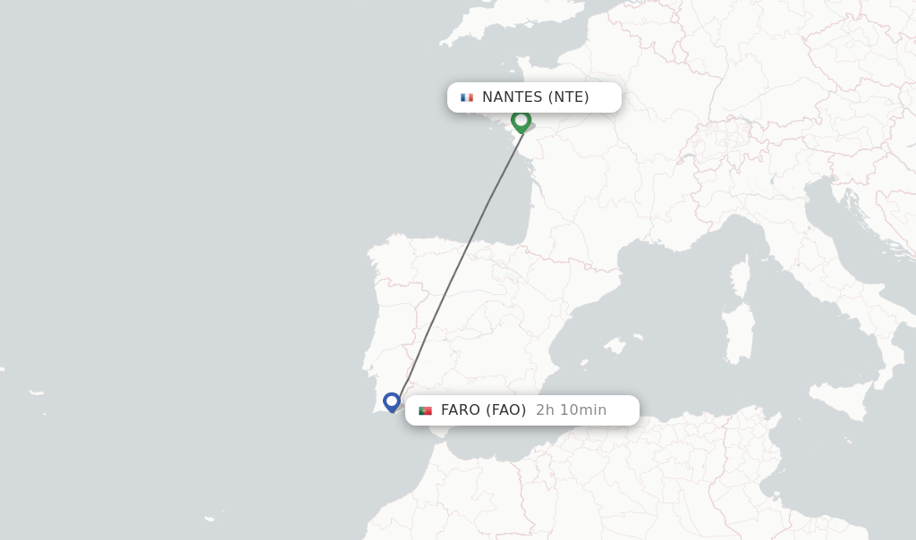 Flights from Nantes to Faro route map