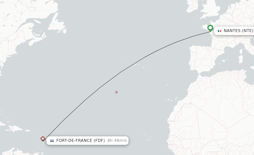 Flights from Nantes to Fort De France route map