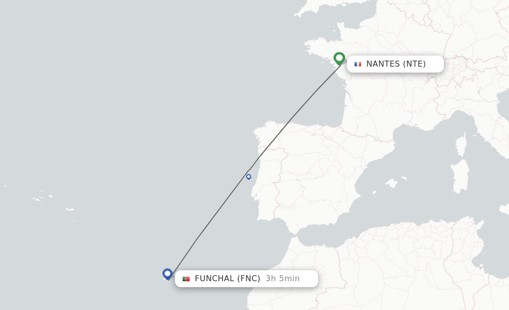 Flights from Nantes to Funchal route map