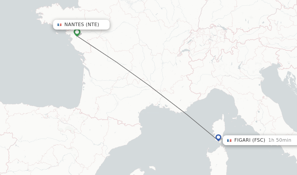 Flights from Nantes to Figari route map