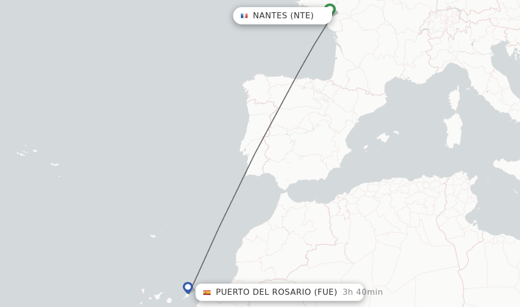 Flights from Nantes to Puerto del Rosario route map