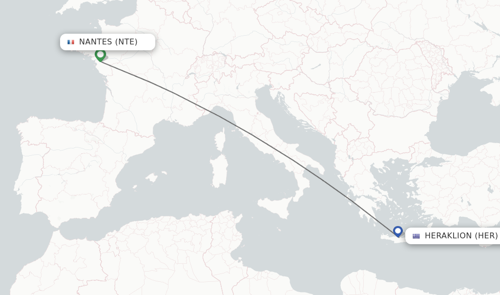 Flights from Nantes to Heraklion route map