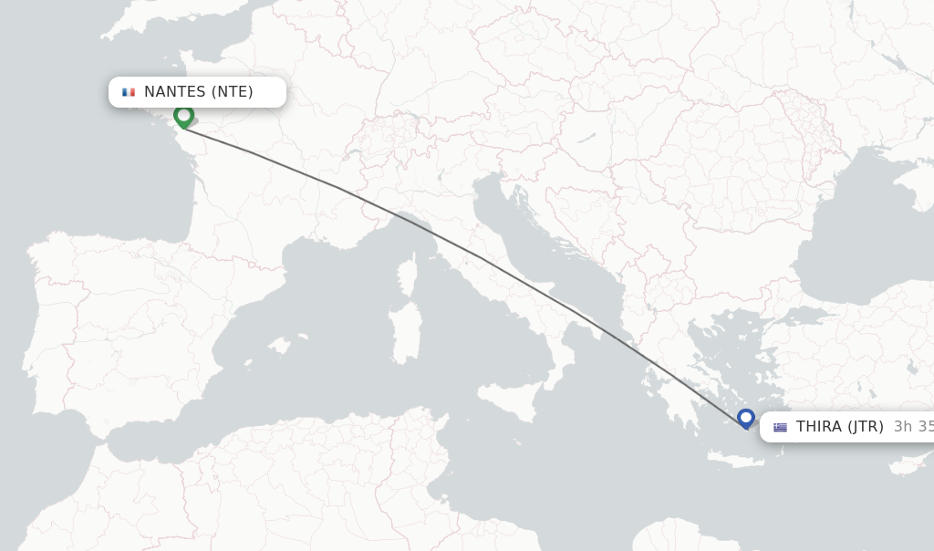 Flights from Nantes to Thira route map