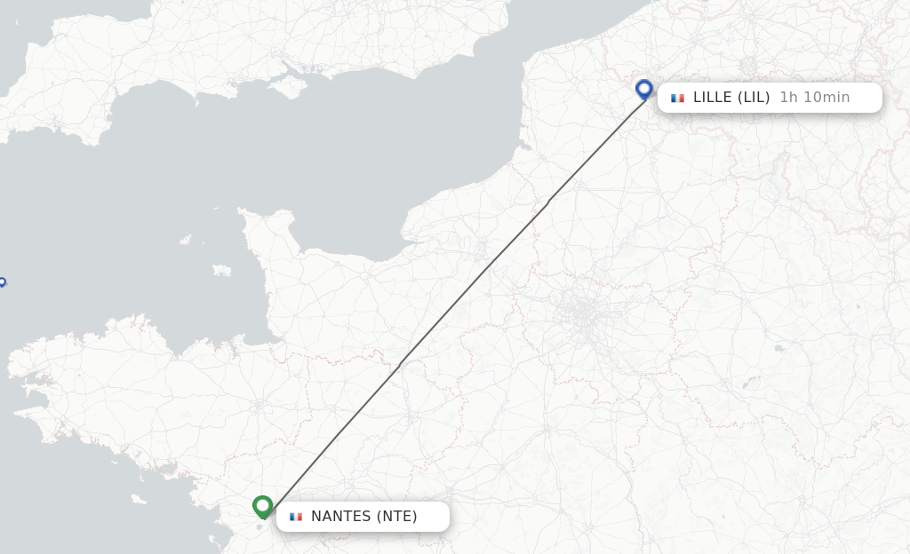 Flights from Nantes to Lille route map