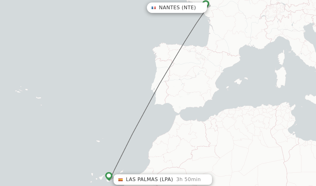 Flights from Nantes to Las Palmas route map
