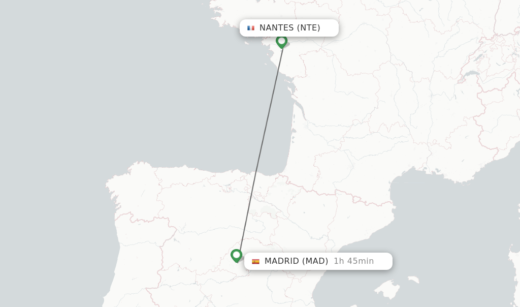 Flights from Nantes to Madrid route map