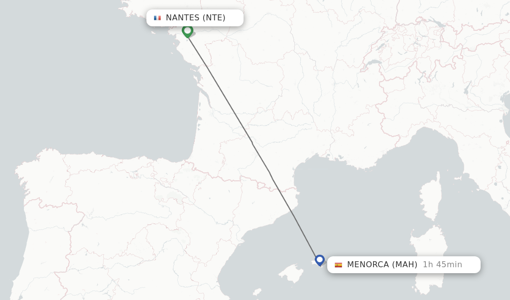 Flights from Nantes to Menorca route map