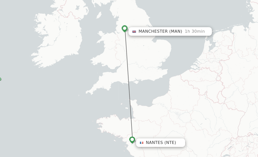 Flights from Nantes to Manchester route map
