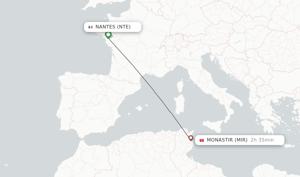 Flights from Nantes to Monastir route map