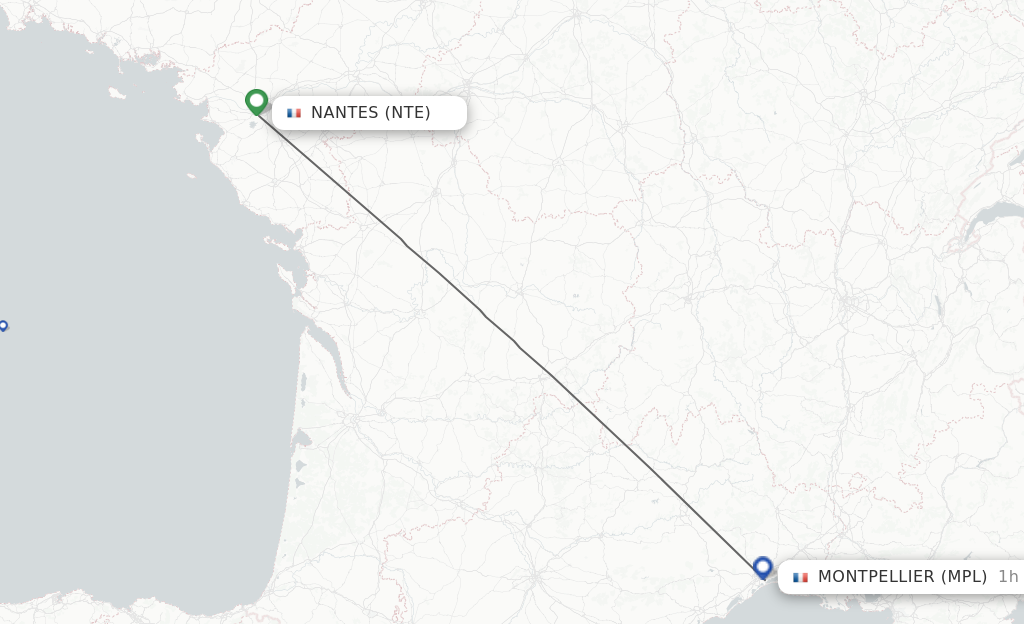 Flights from Nantes to Montpellier route map