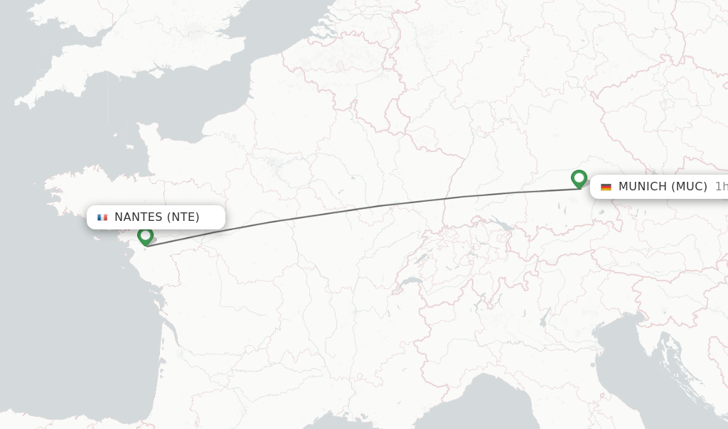 Flights from Nantes to Munich route map
