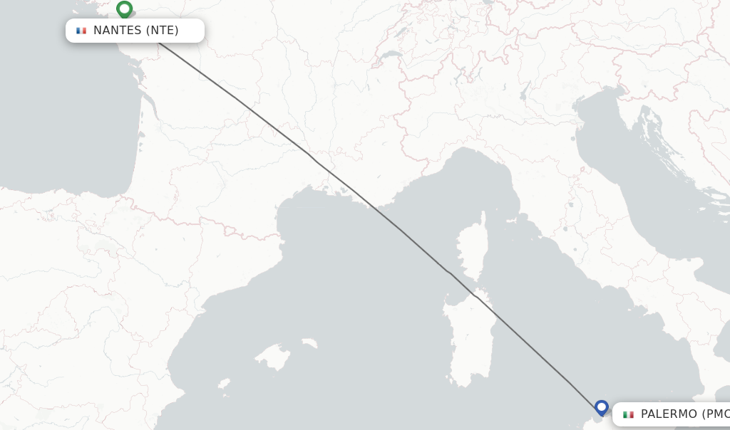 Flights from Nantes to Palermo route map