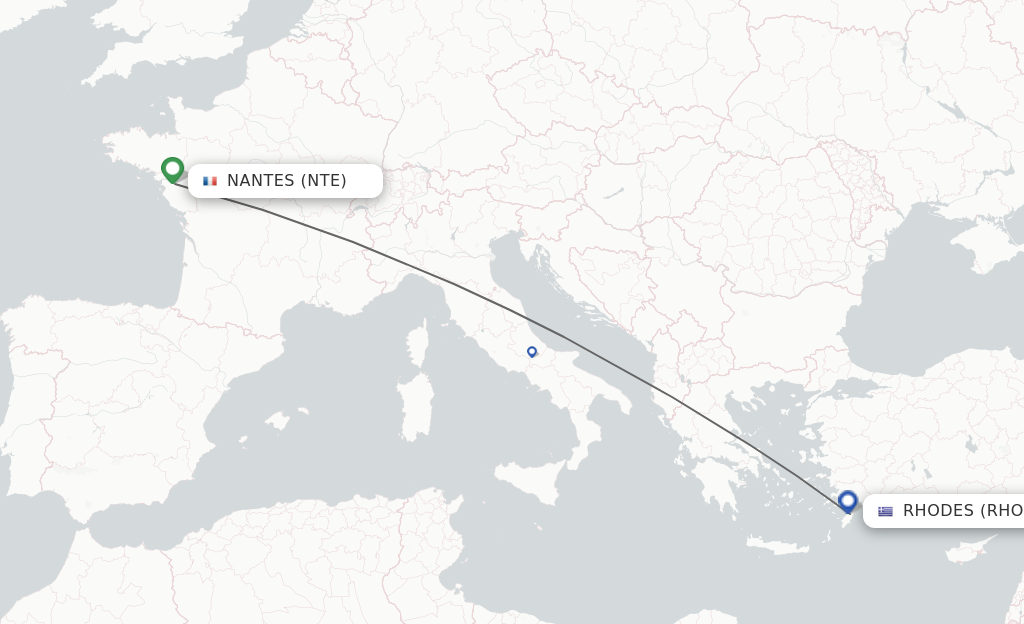 Flights from Nantes to Rhodes route map