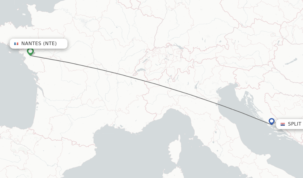 Flights from Nantes to Split route map