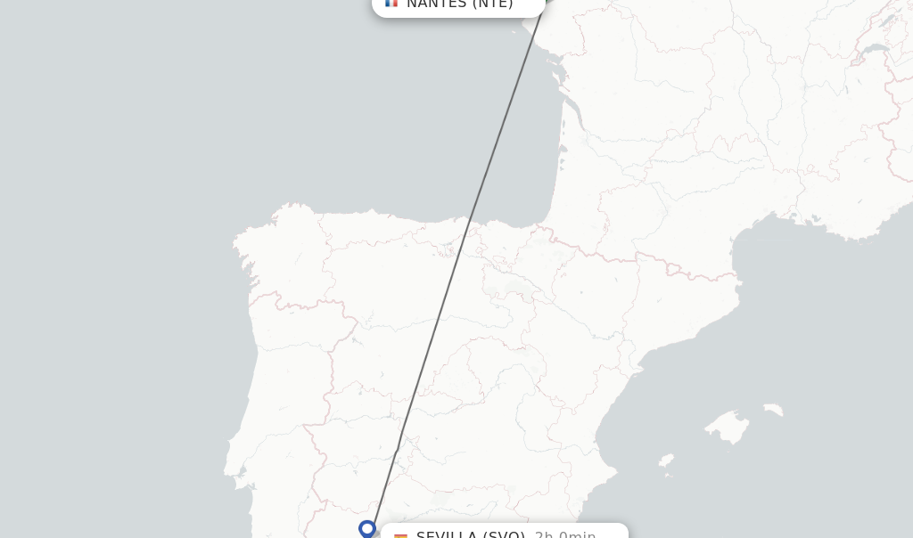 Flights from Nantes to Sevilla route map