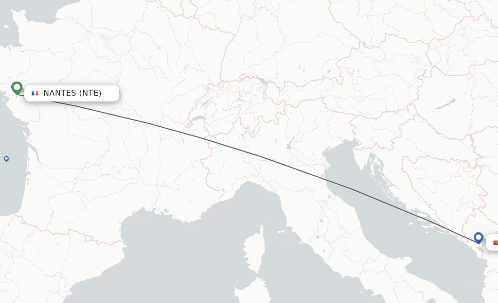 Flights from Nantes to Podgorica route map