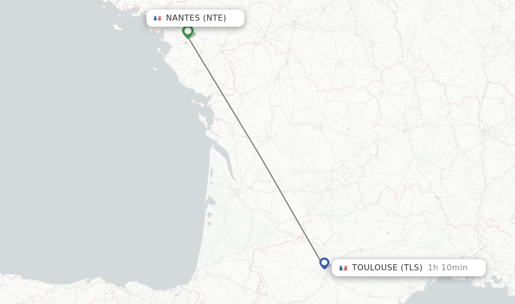 Flights from Nantes to Toulouse route map