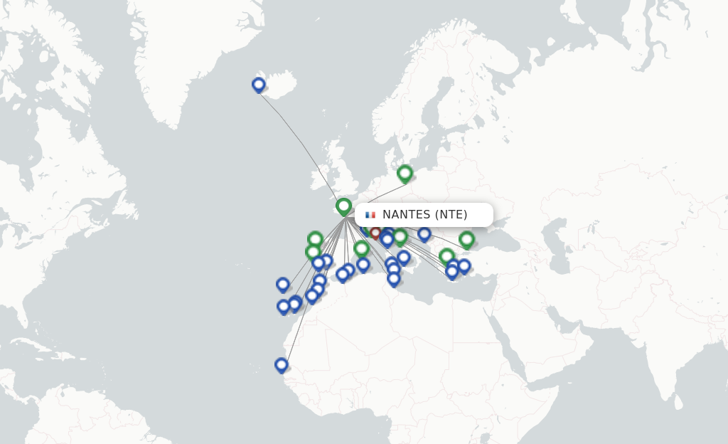 Route map with flights from Nantes with Transavia France