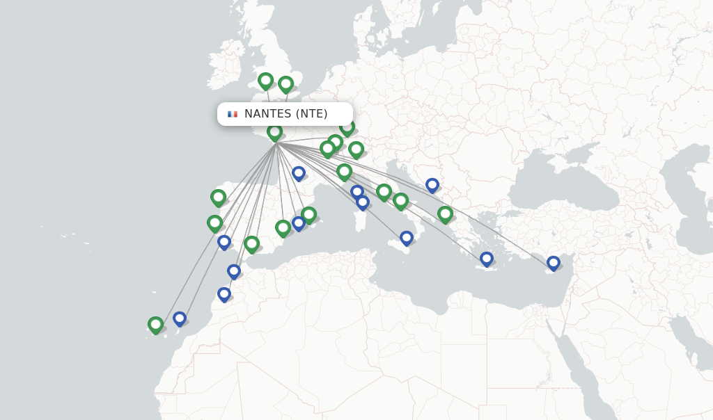 Route map with flights from Nantes with easyJet