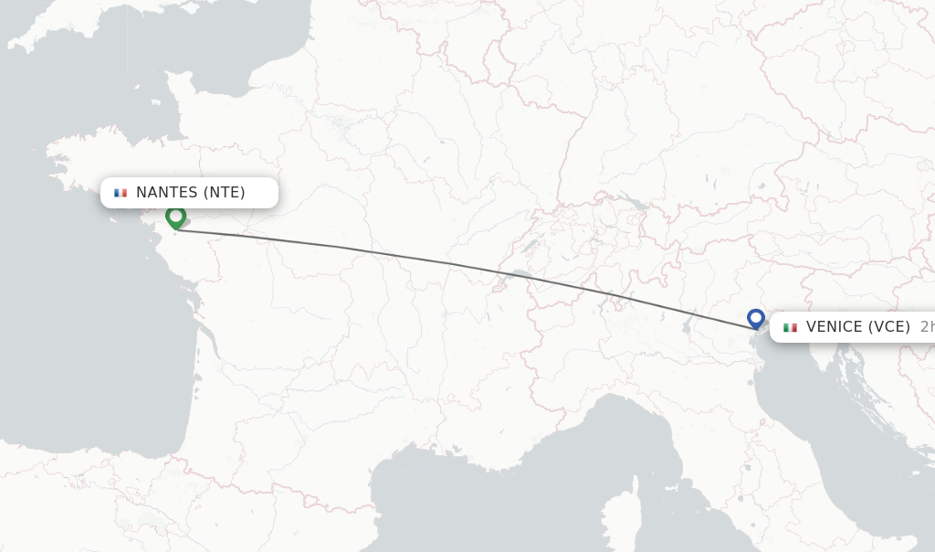 Flights from Nantes to Venice route map