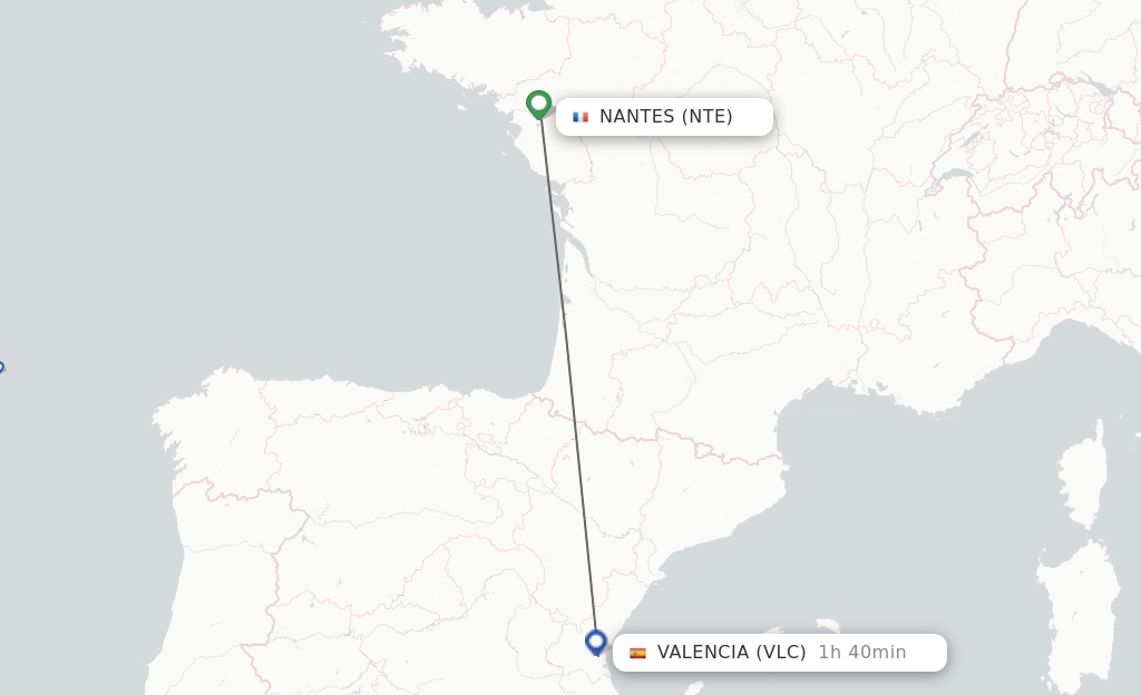 Flights from Nantes to Valencia route map