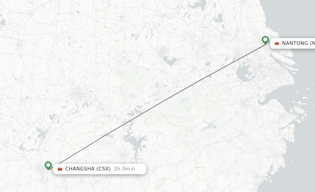Flights from Nantong to Changsha route map
