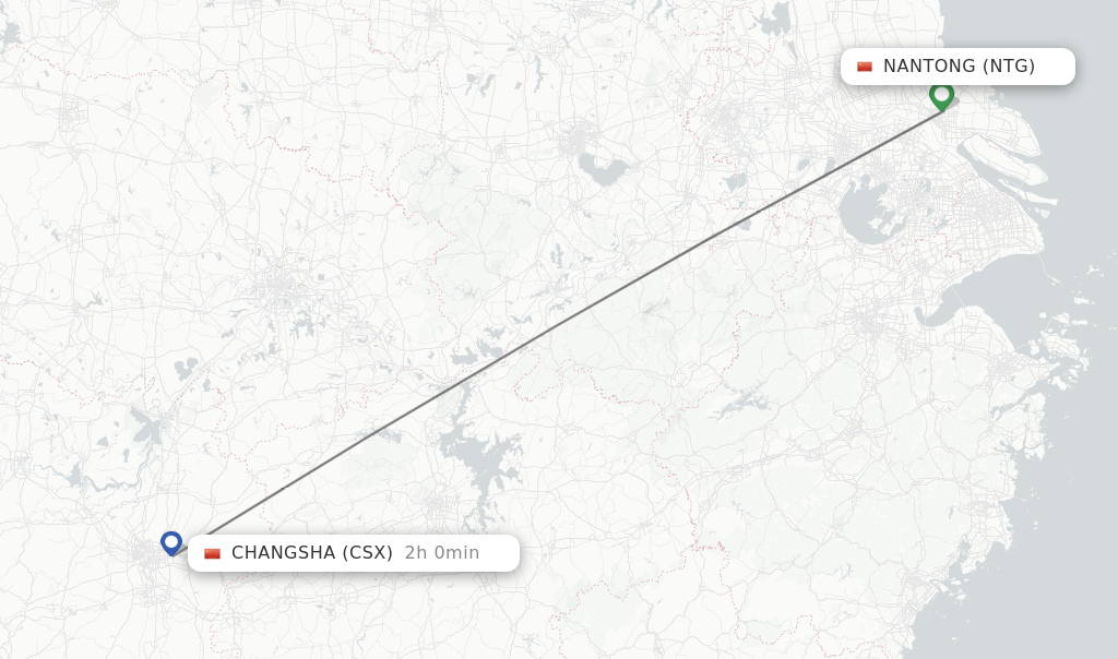 Flights from Nantong to Changsha route map