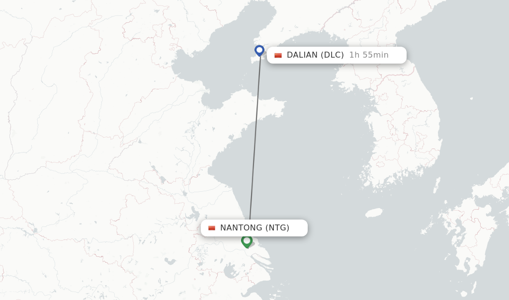 Flights from Nantong to Dalian route map