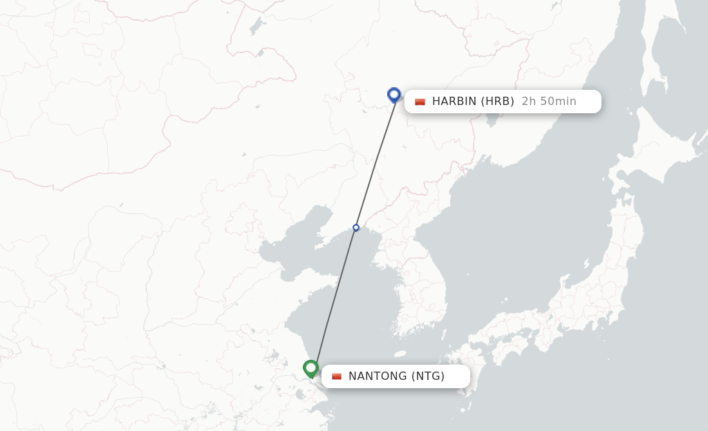 Flights from Nantong to Harbin route map