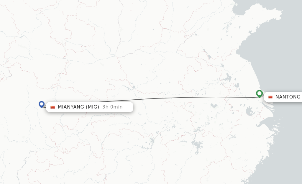 Flights from Nantong to Mian Yang route map