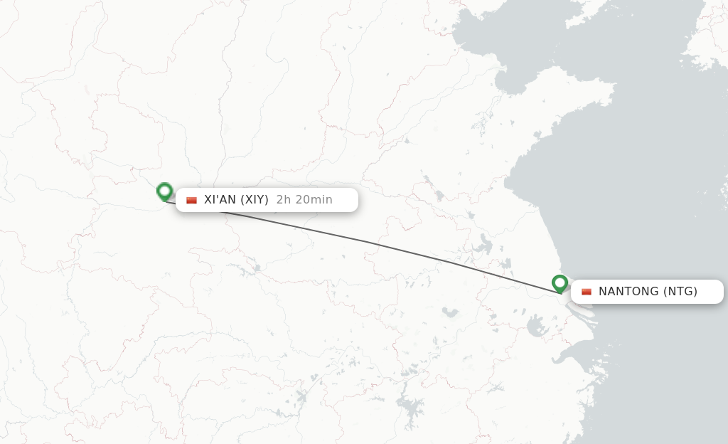 Flights from Nantong to Xian route map