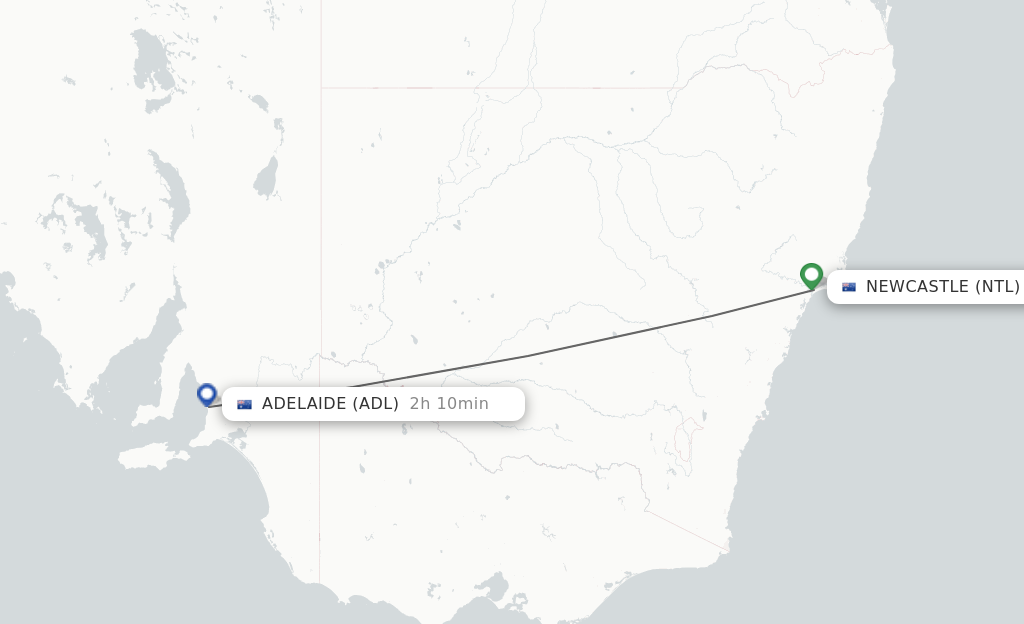 Flights from Newcastle to Adelaide route map