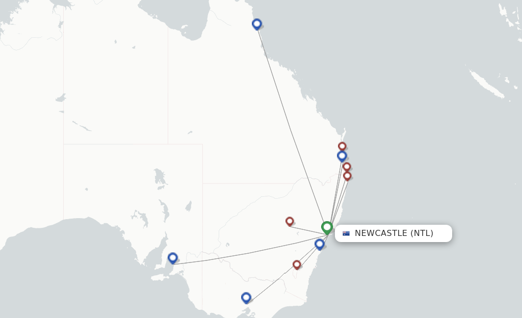 Flights from Newcastle to Coffs Harbour route map