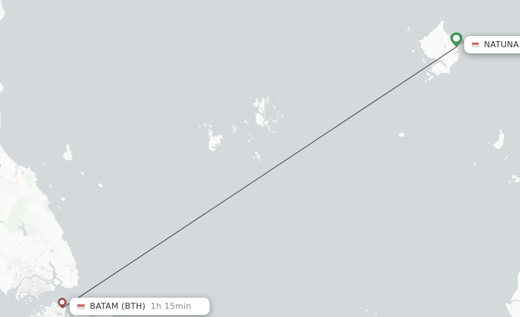 Flights from Natuna Ranai to Batam route map