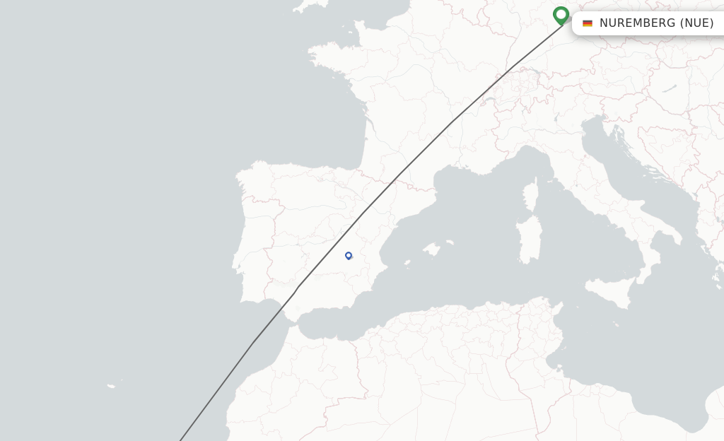 Flights from Nuremberg to Puerto del Rosario route map