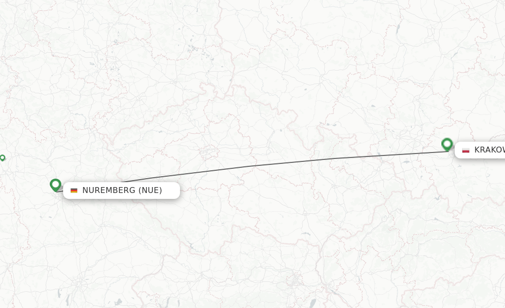 Flights from Nuremberg to Krakow route map