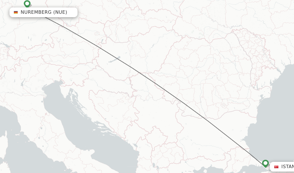 Flights from Nuremberg to Istanbul route map