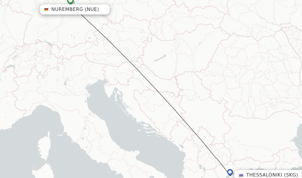 Flights from Nuremberg to Thessaloniki route map