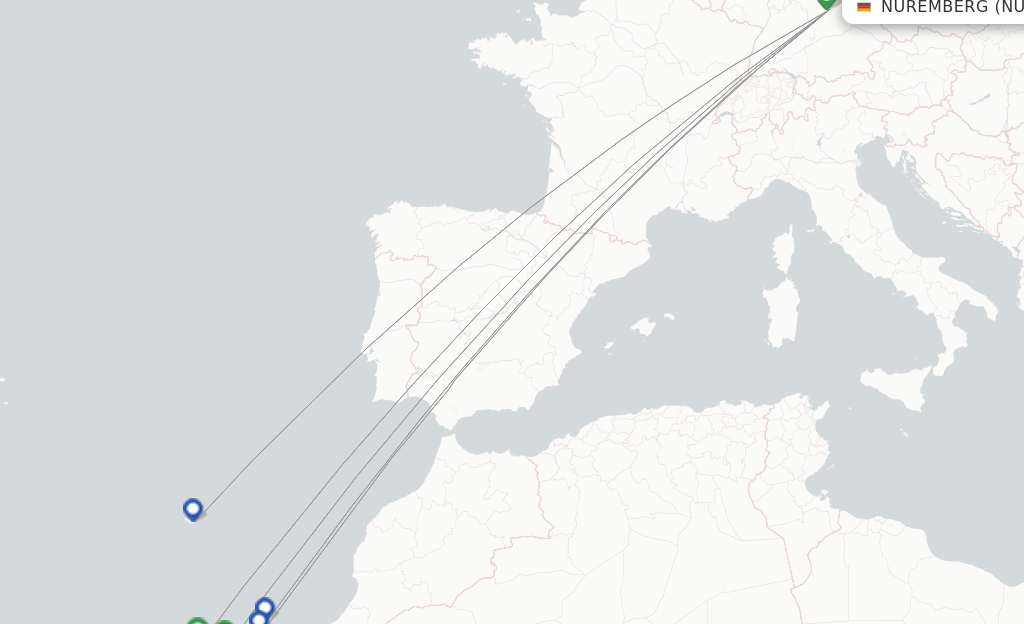 Route map with flights from Nuremberg with Corendon Airlines Europe