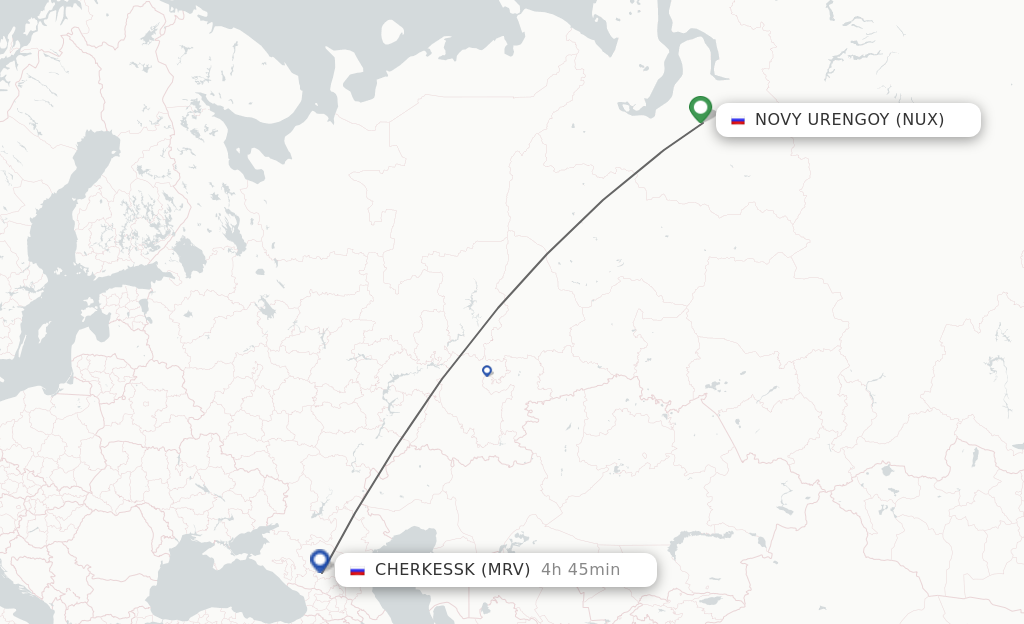Flights from Novyj Urengoj to Mineralnye Vody route map
