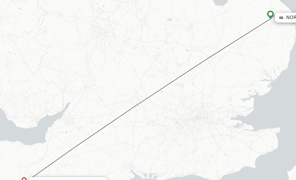 Flights from Norwich to Exeter route map