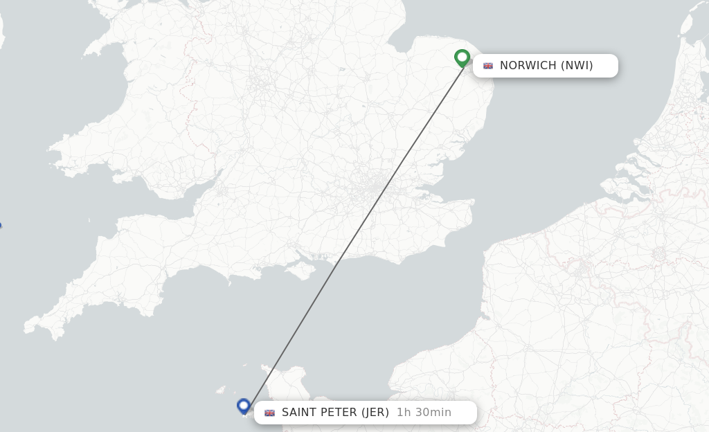 Flights from Norwich to Jersey route map