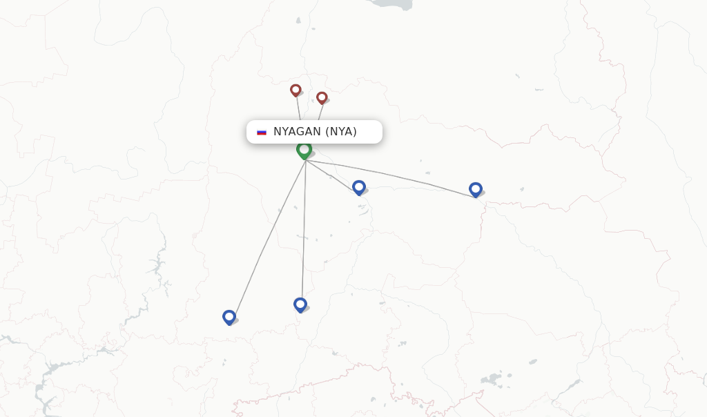 Flights from Nyagan to Nizhnevartovsk route map
