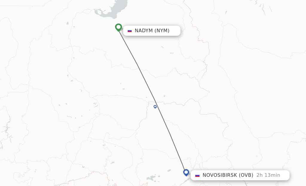 Flights from Nadym to Novosibirsk route map