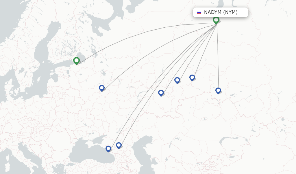 Route map with flights from Nadym with Yamal Airlines